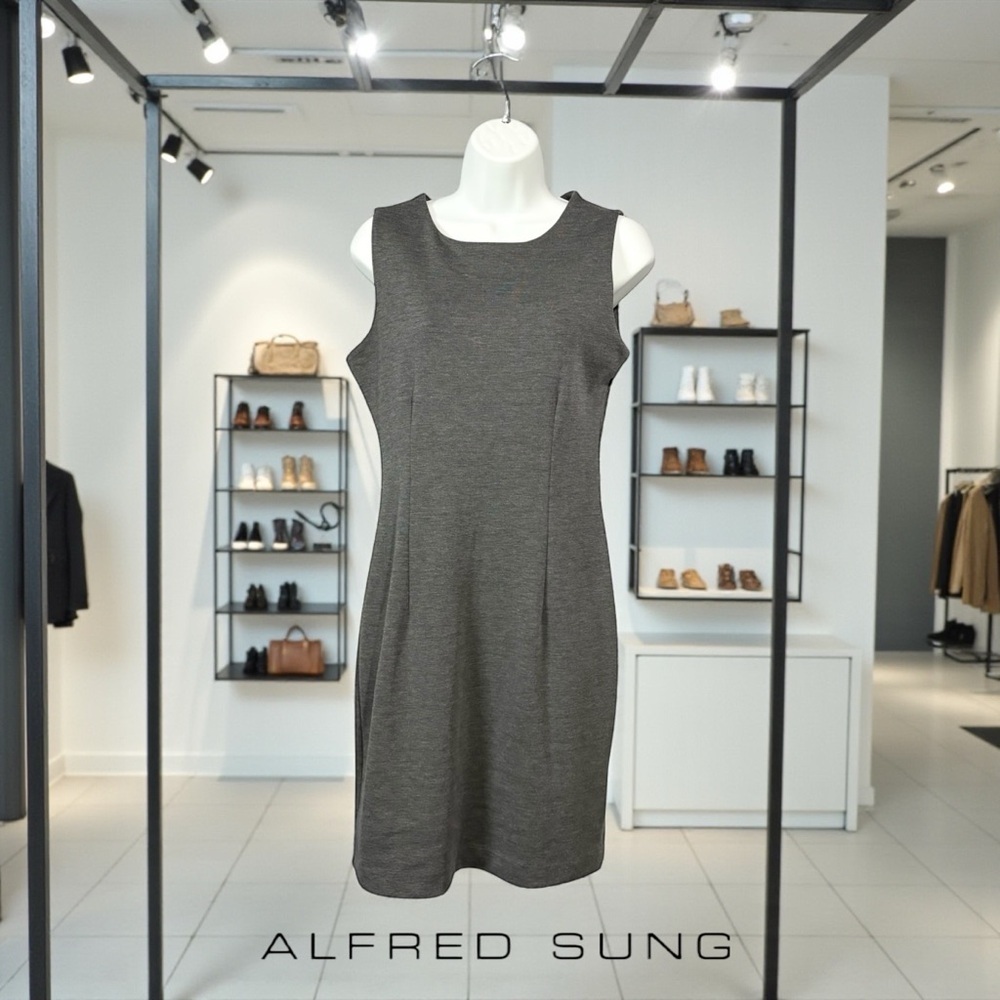 ALFRED SUNG, Grey Sheath Dress Stretch, Classic Minimalist Fit, Small